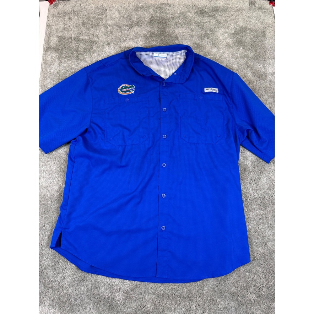 Columbia PFG Florida Gators Tamiami II Fishing Shirt Men Large Blue UPF 40